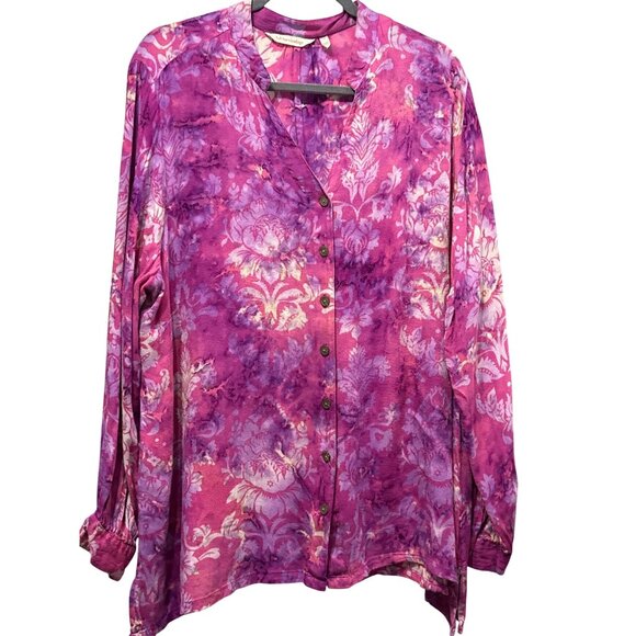 Soft Surroundings Tops - Soft Surroundings Size1X Pink Purple Damask Button Front Blouse Long Sleeve